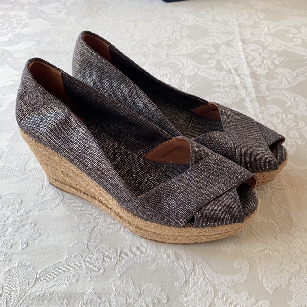 Tory Burch espadrille wedges, navy/silver 10.5